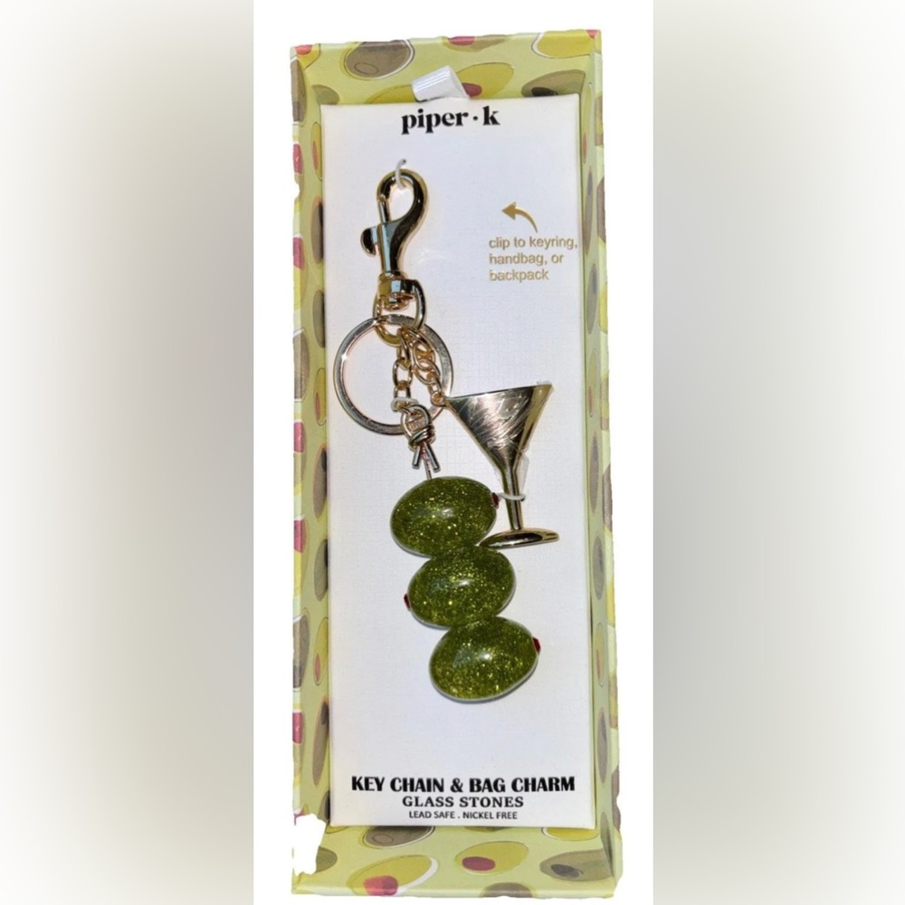Piper K Sparkly Olive & Martini Glass Key Chain Bag Charm Bling Viral